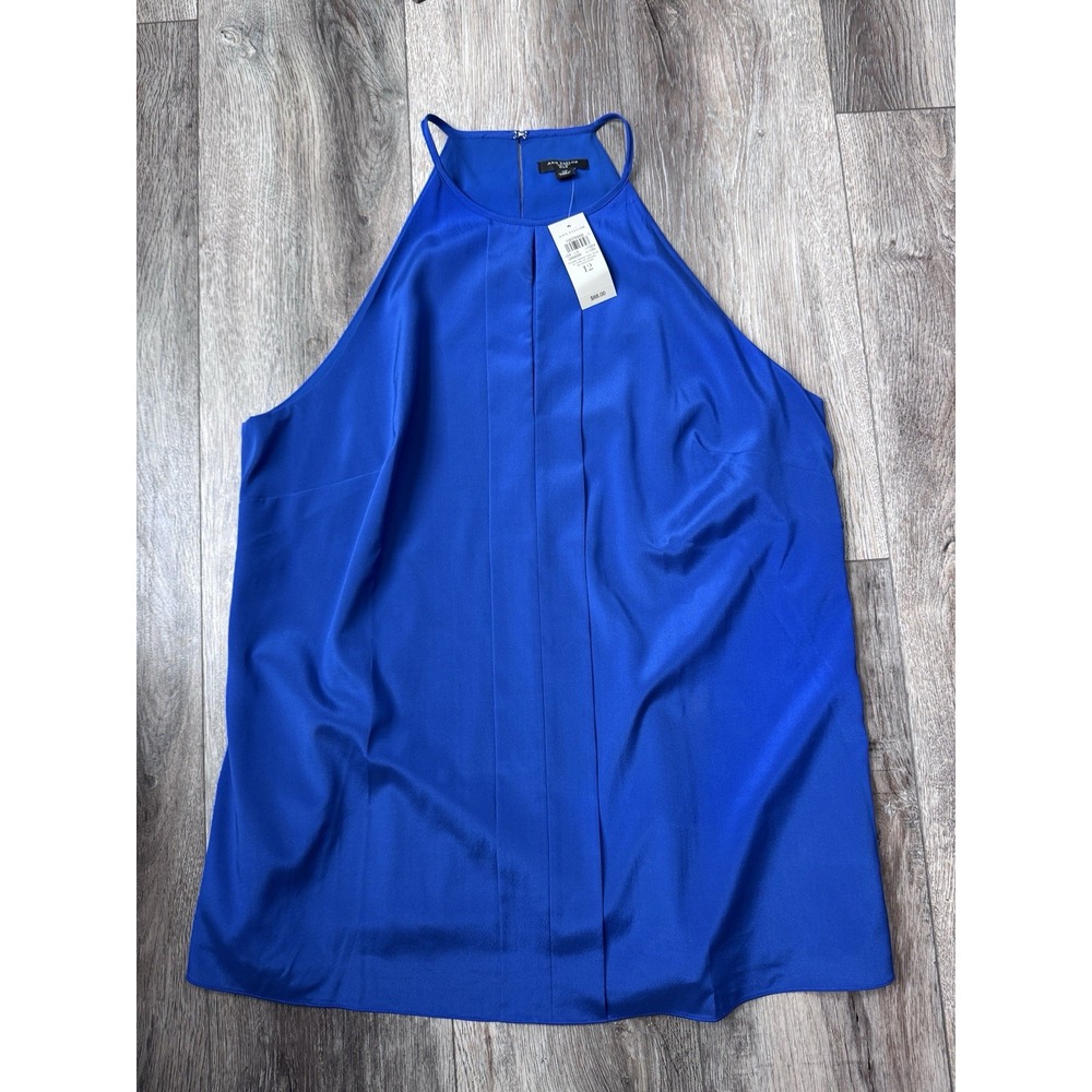 Ann Taylor NWT Silk Top Womens Size 12 Royal Cobalt Blue Halter Pleated Blouse